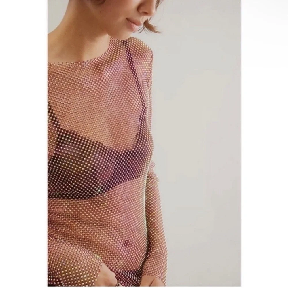 Free People Filter Finish Rhinestone Fishnet Ruby Red Long Sleeve Top Size XS